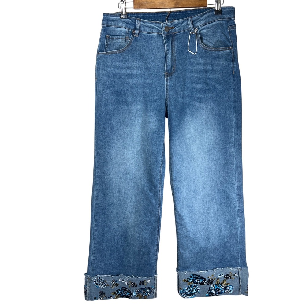 Womens Embroidered Jeans Wide Leg Cropped Blue Denim Size 1XL Indie‎ Cottage